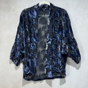 Forever 21 Burnout Velvet Floral Kimono – Black/Blue Sheer Boho Whimsigoth Shawl